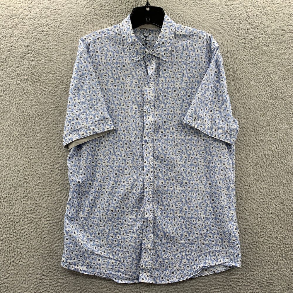 NICOBY Shirt Mens Large Button Up Floral Short Sleeve Blue White